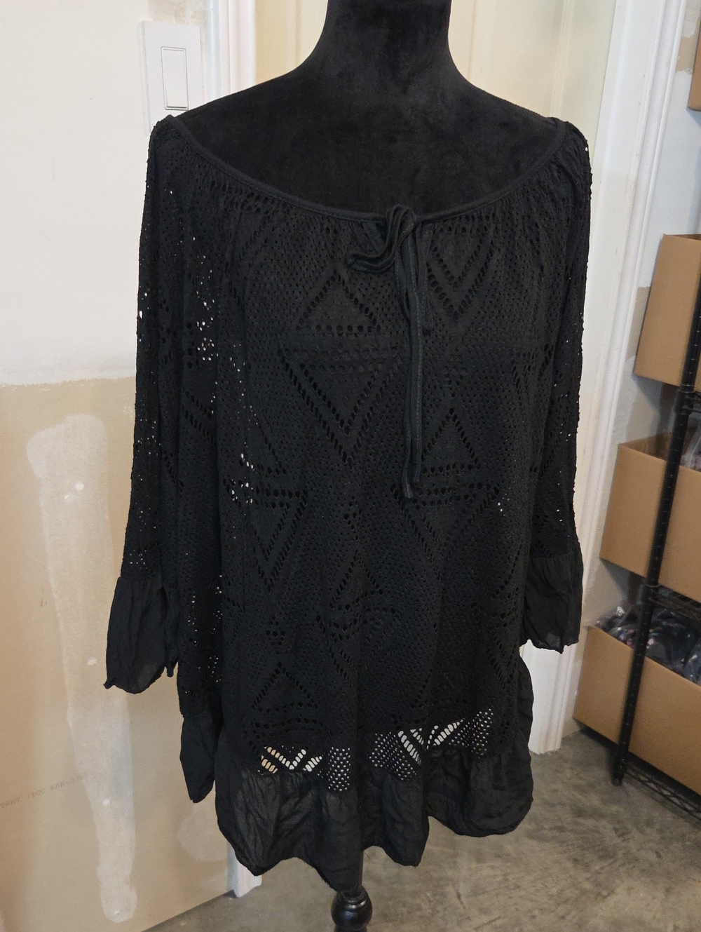 Beyond Capri Black Crochet Tie-Neck Boho Top Ruffled Hem Made In Italy